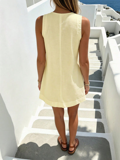 Pariaura Minimalist White Linen Sleeveless V-Neck Dress/ Relaxed A-Line Skirt/ Korean Gentle Style/ Daily Commute Short Dress