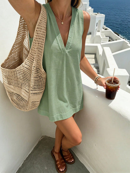Pariaura Minimalist White Linen Sleeveless V-Neck Dress/ Relaxed A-Line Skirt/ Korean Gentle Style/ Daily Commute Short Dress