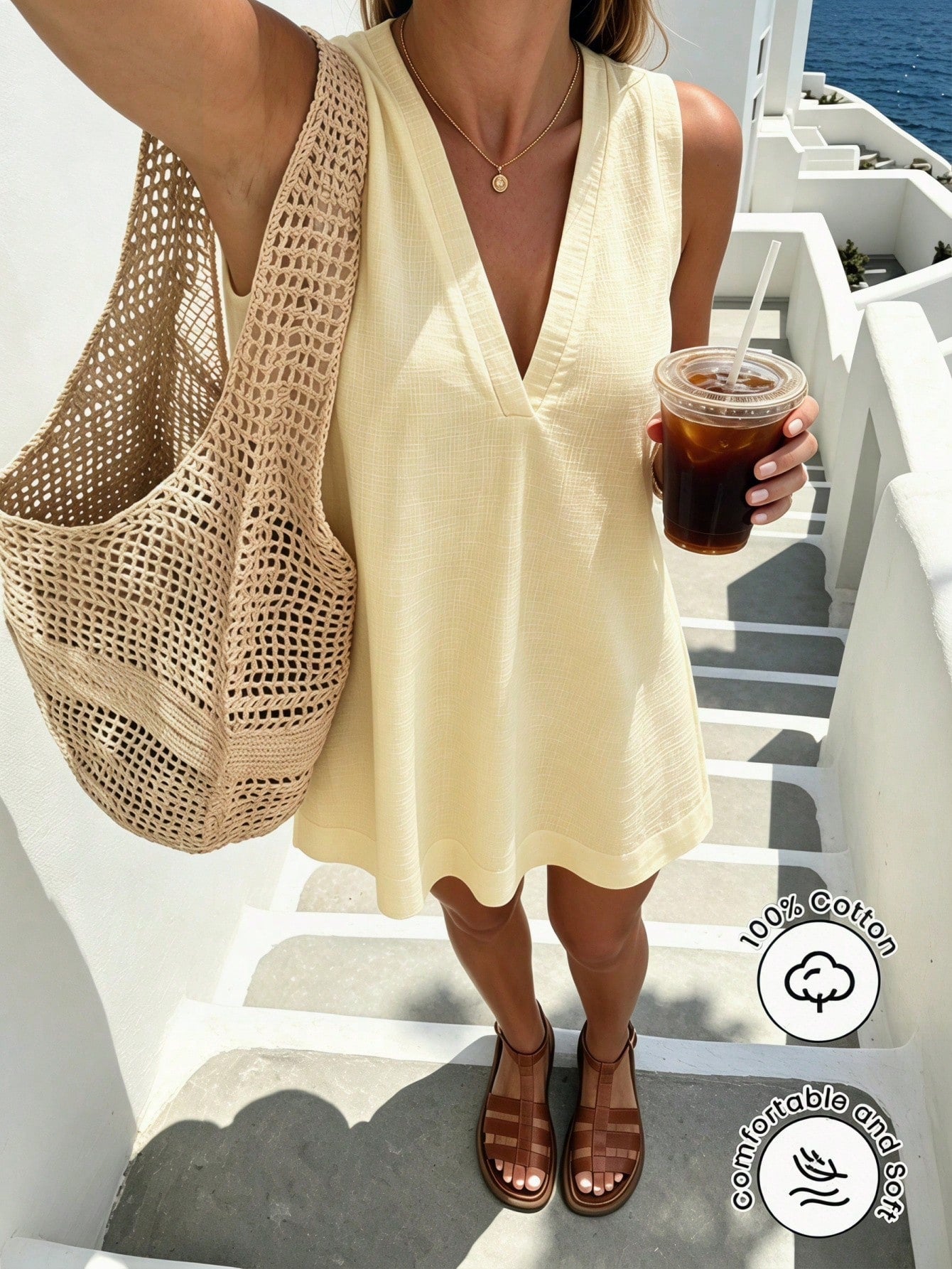 Pariaura Minimalist White Linen Sleeveless V-Neck Dress/ Relaxed A-Line Skirt/ Korean Gentle Style/ Daily Commute Short Dress