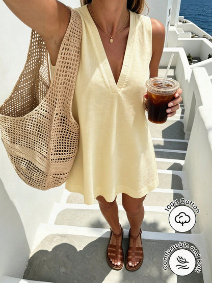 Pariaura Minimalist White Linen Sleeveless V-Neck Dress/ Relaxed A-Line Skirt/ Korean Gentle Style/ Daily Commute Short Dress