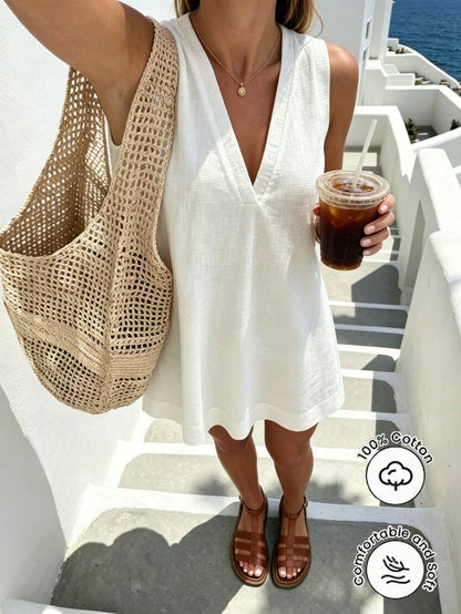 Pariaura Minimalist White Linen Sleeveless V-Neck Dress/ Relaxed A-Line Skirt/ Korean Gentle Style/ Daily Commute Short Dress