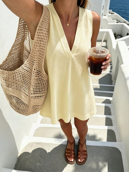 Pariaura Minimalist White Linen Sleeveless V-Neck Dress/ Relaxed A-Line Skirt/ Korean Gentle Style/ Daily Commute Short Dress