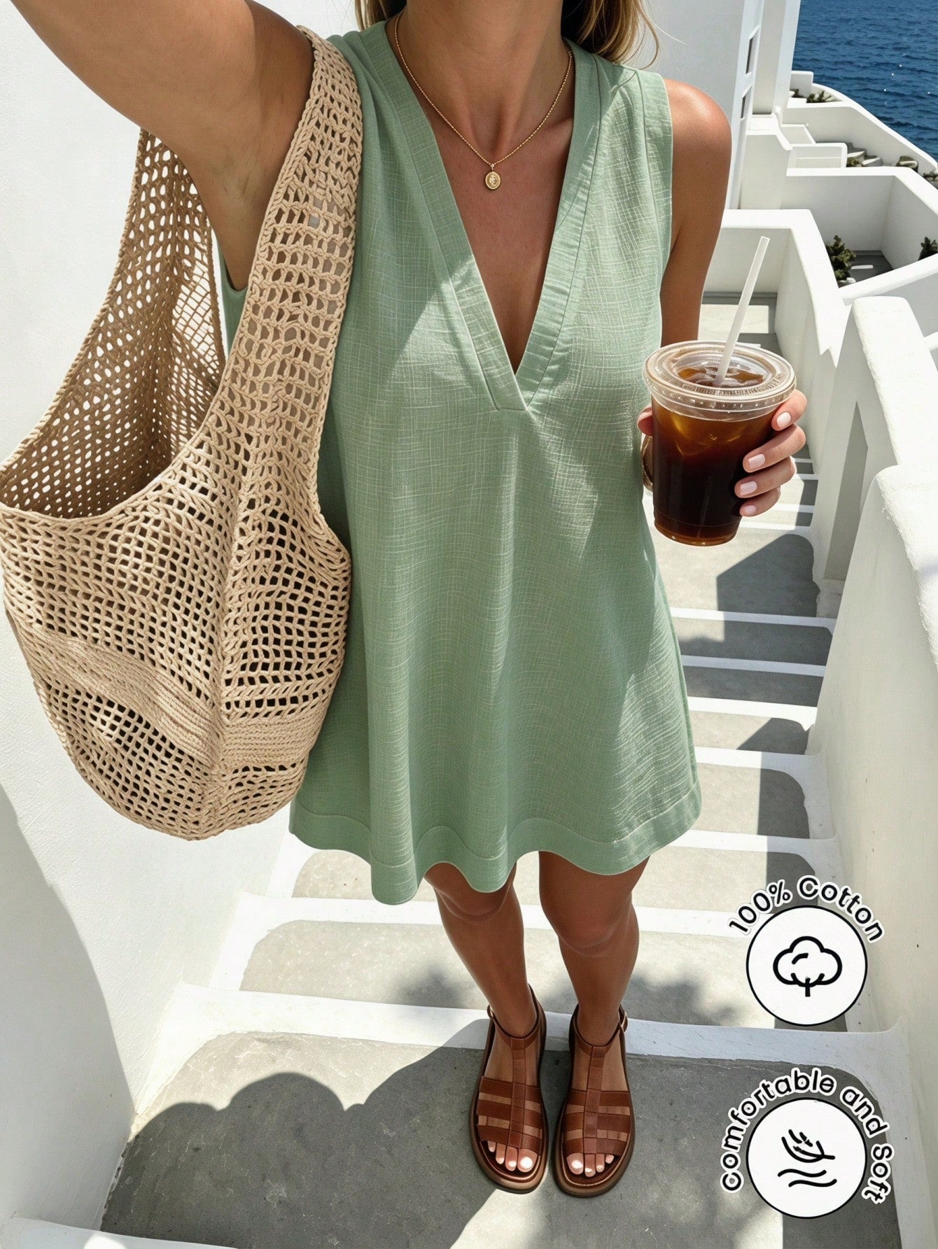 Pariaura Minimalist White Linen Sleeveless V-Neck Dress/ Relaxed A-Line Skirt/ Korean Gentle Style/ Daily Commute Short Dress