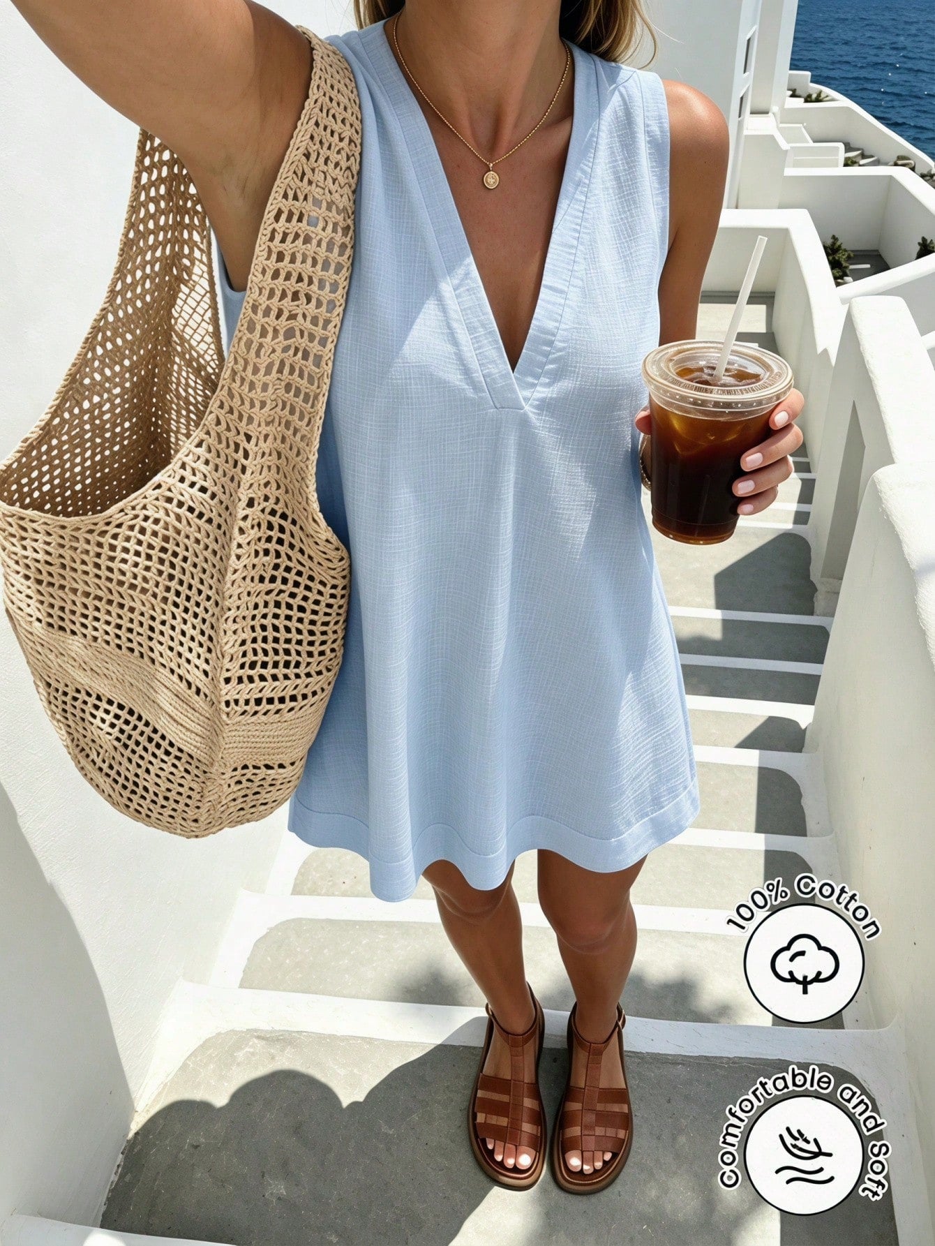 Pariaura Minimalist White Linen Sleeveless V-Neck Dress/ Relaxed Fit A-Line Skirt/ Korean Style Gentle/ Daily Commute Short Dress/Slub Cotton Linen Dress