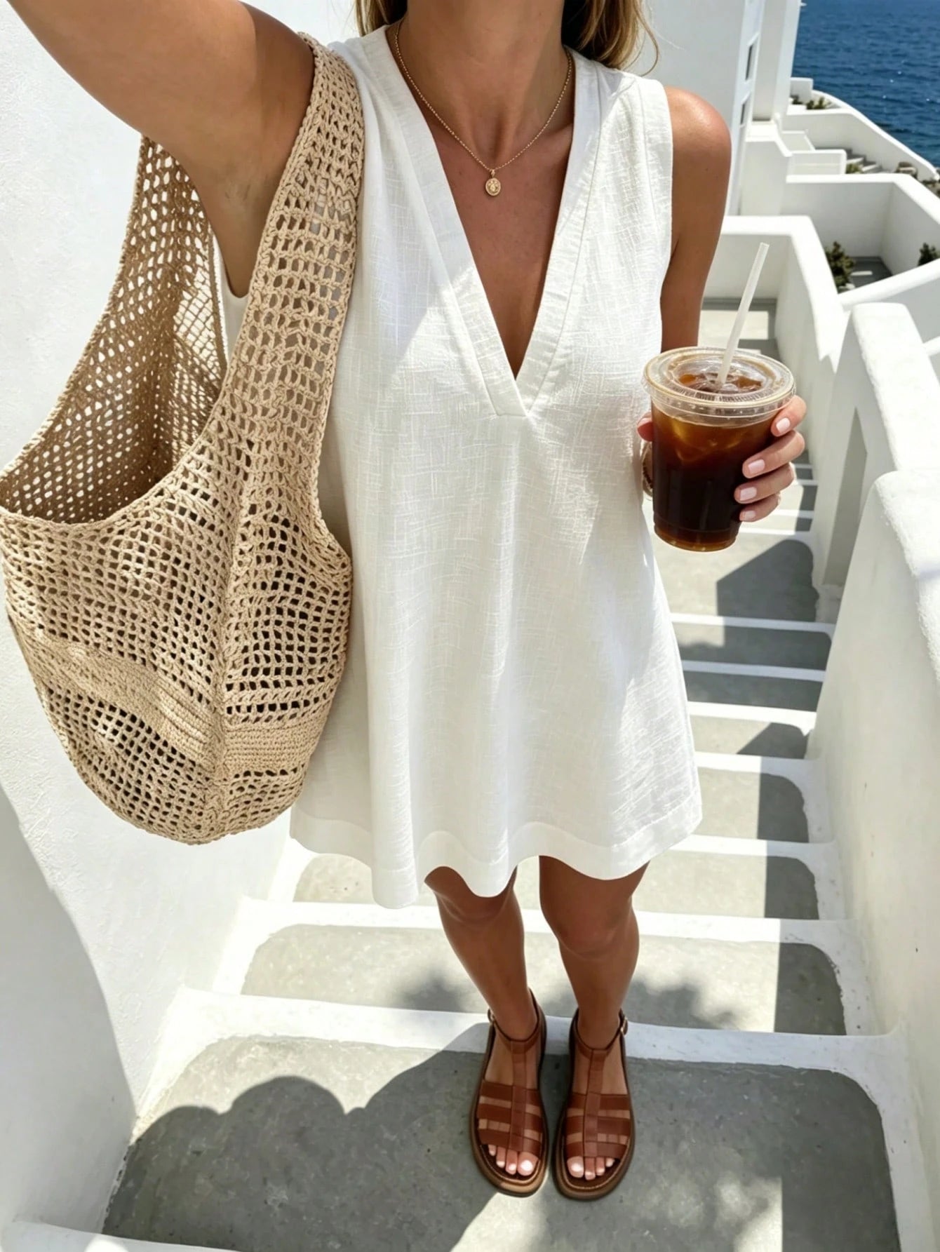 Pariaura Minimalist White Linen Sleeveless V-Neck Dress/ Relaxed Fit A-Line Skirt/ Korean Style Gentle/ Daily Commute Short Dress/Slub Cotton Linen Dress