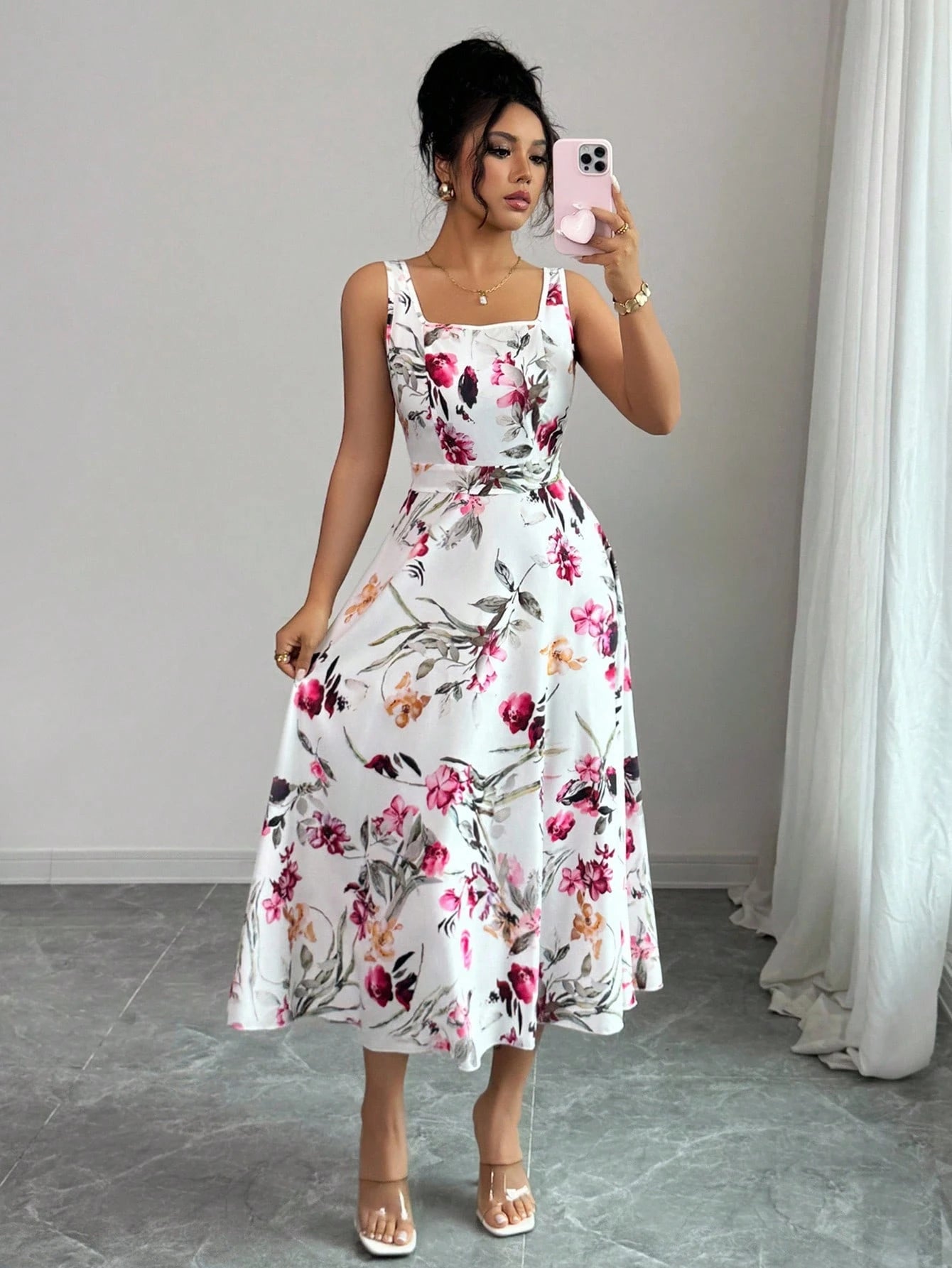 Pariaura Women's Fashion Elegant Printed Waist-Cinched Dress