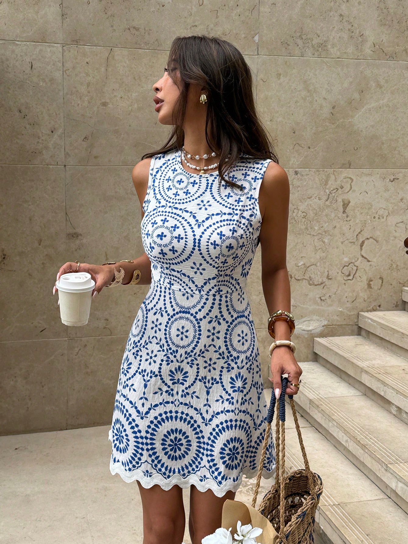Pariaura Women's Geometric Print Sleeveless Round Neck Dress,Waist Cinched Ruffle Hem,White And Blue,Summer,Tropical,Holiday,Tea Party,Vacation,Holiday Dress