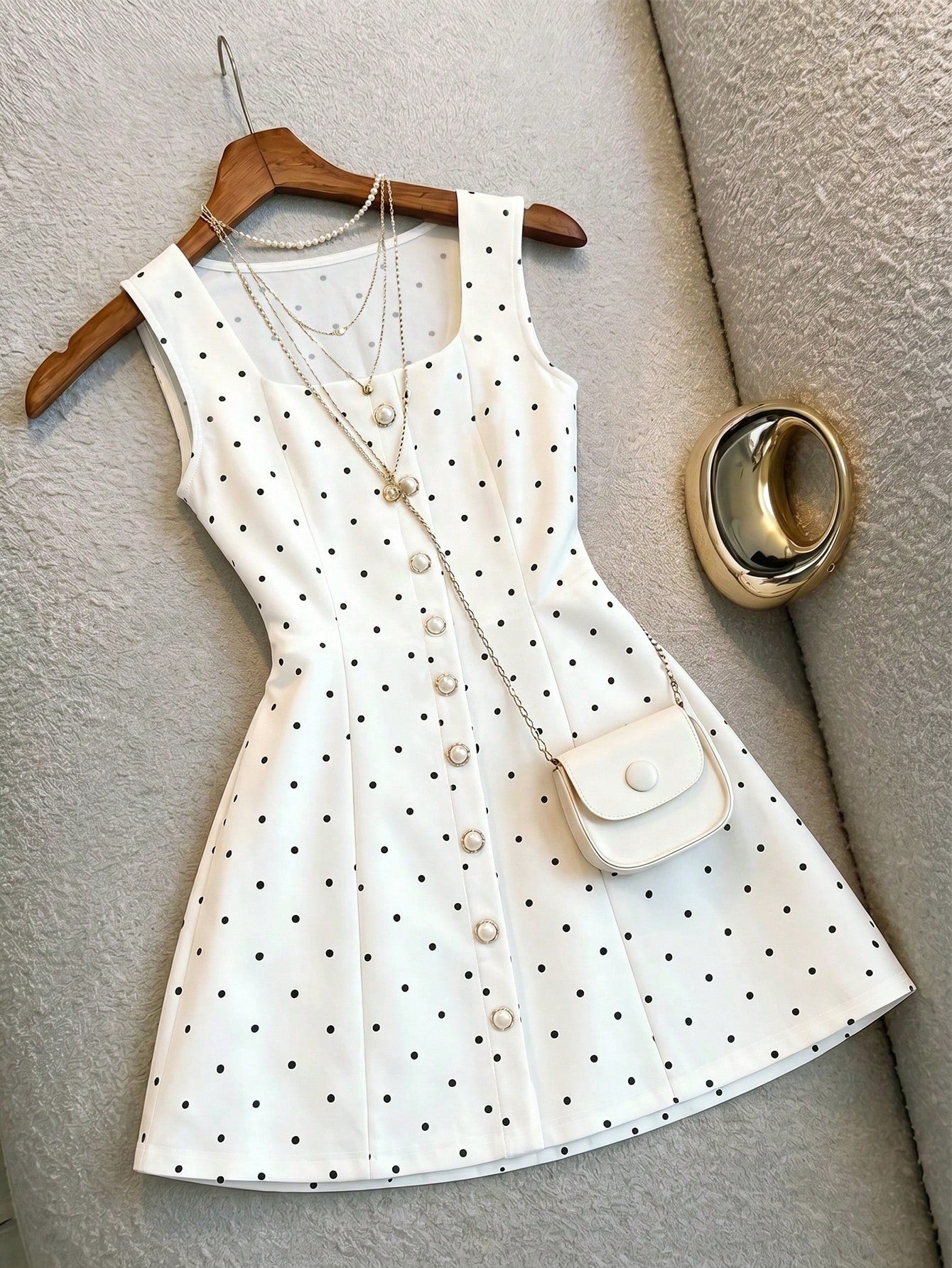 PariChic Elegant Exquisite Old Money Style Polka Dot Pearl Button Decor Women's Dress Office Tea Party Commute Outfit White With Black Polka Dots