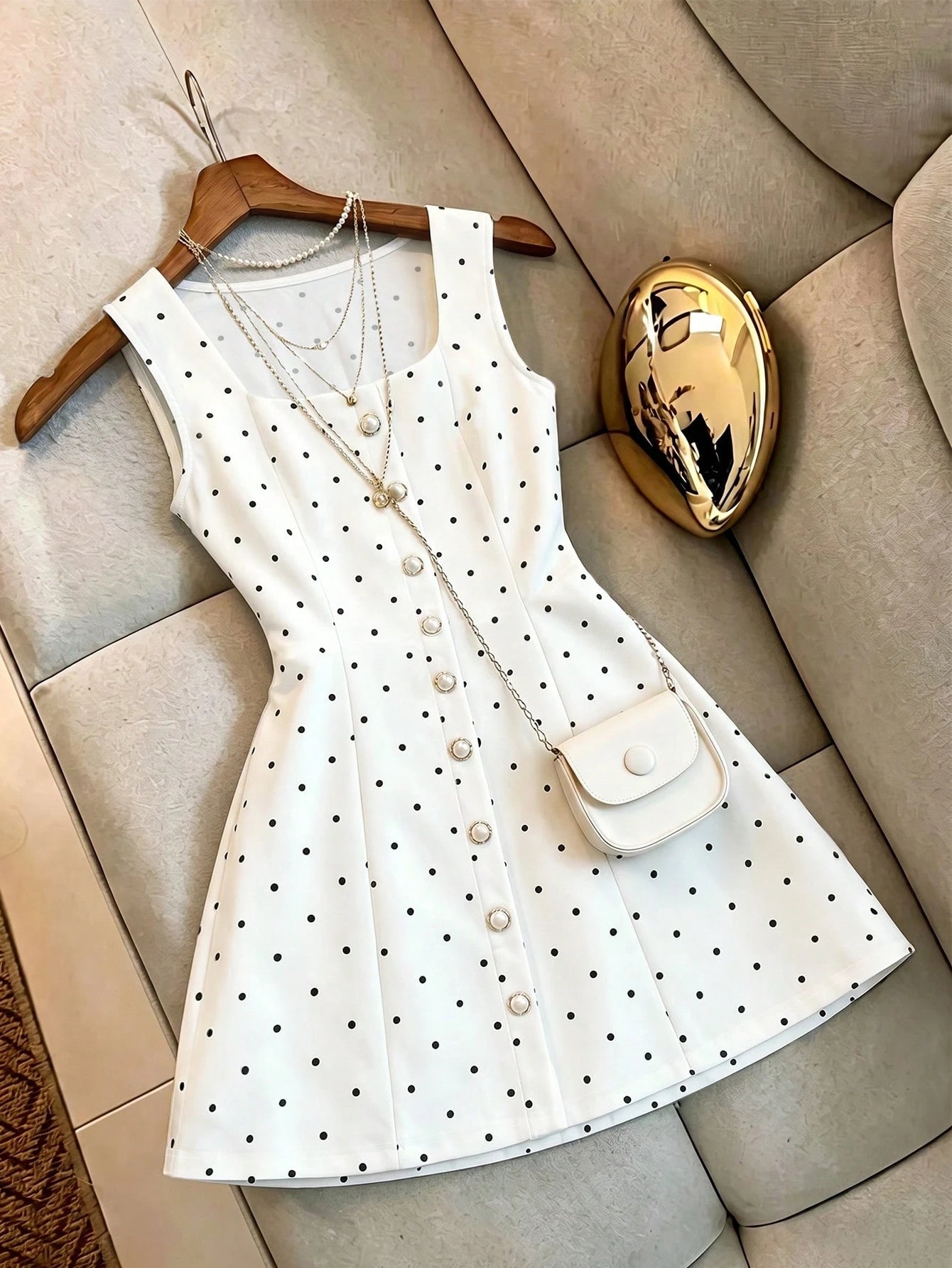 PariChic Elegant Exquisite Old Money Style Polka Dot Pearl Button Decor Women's Dress Office Tea Party Commute Outfit White With Black Polka Dots