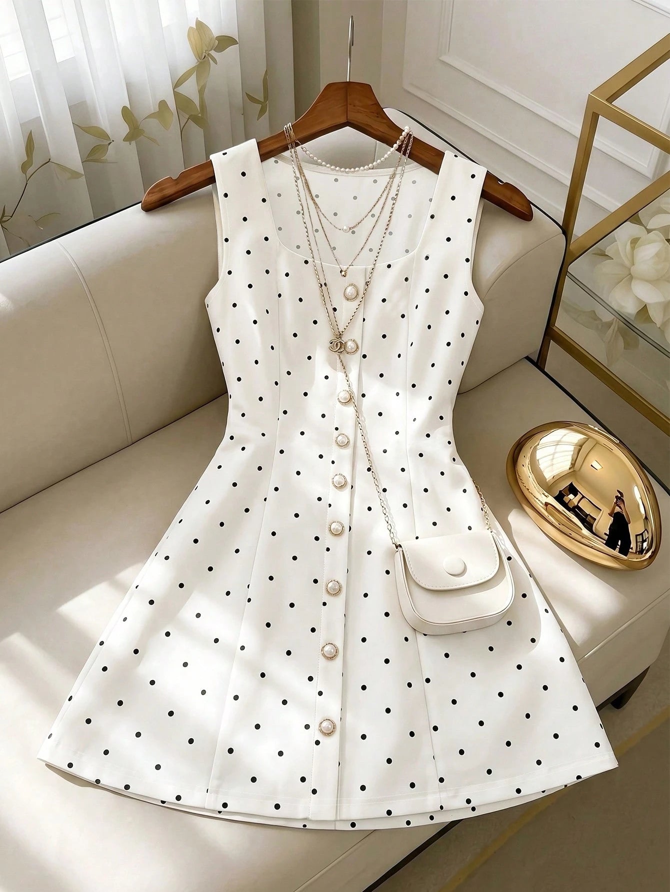 PariChic Elegant Exquisite Old Money Style Polka Dot Pearl Button Decor Women's Dress Office Tea Party Commute Outfit White With Black Polka Dots