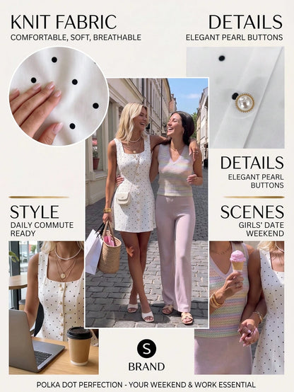 PariChic Elegant Exquisite Old Money Style Polka Dot Pearl Button Decor Women's Dress Office Tea Party Commute Outfit White With Black Polka Dots
