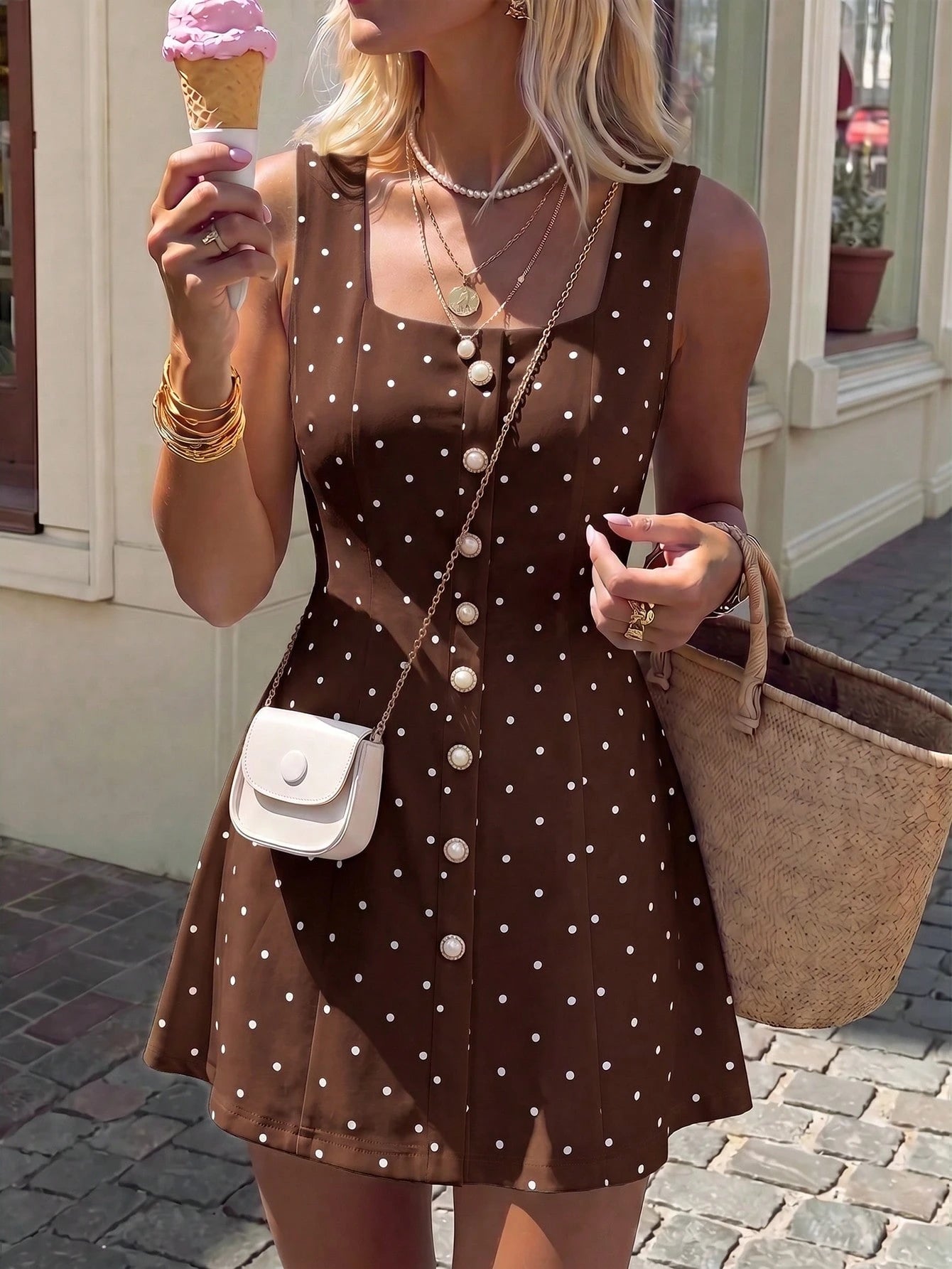 PariChic Elegant Exquisite Old Money Style Polka Dot Pearl Button Decor Women's Dress Office Tea Party Commute Outfit White With Black Polka Dots