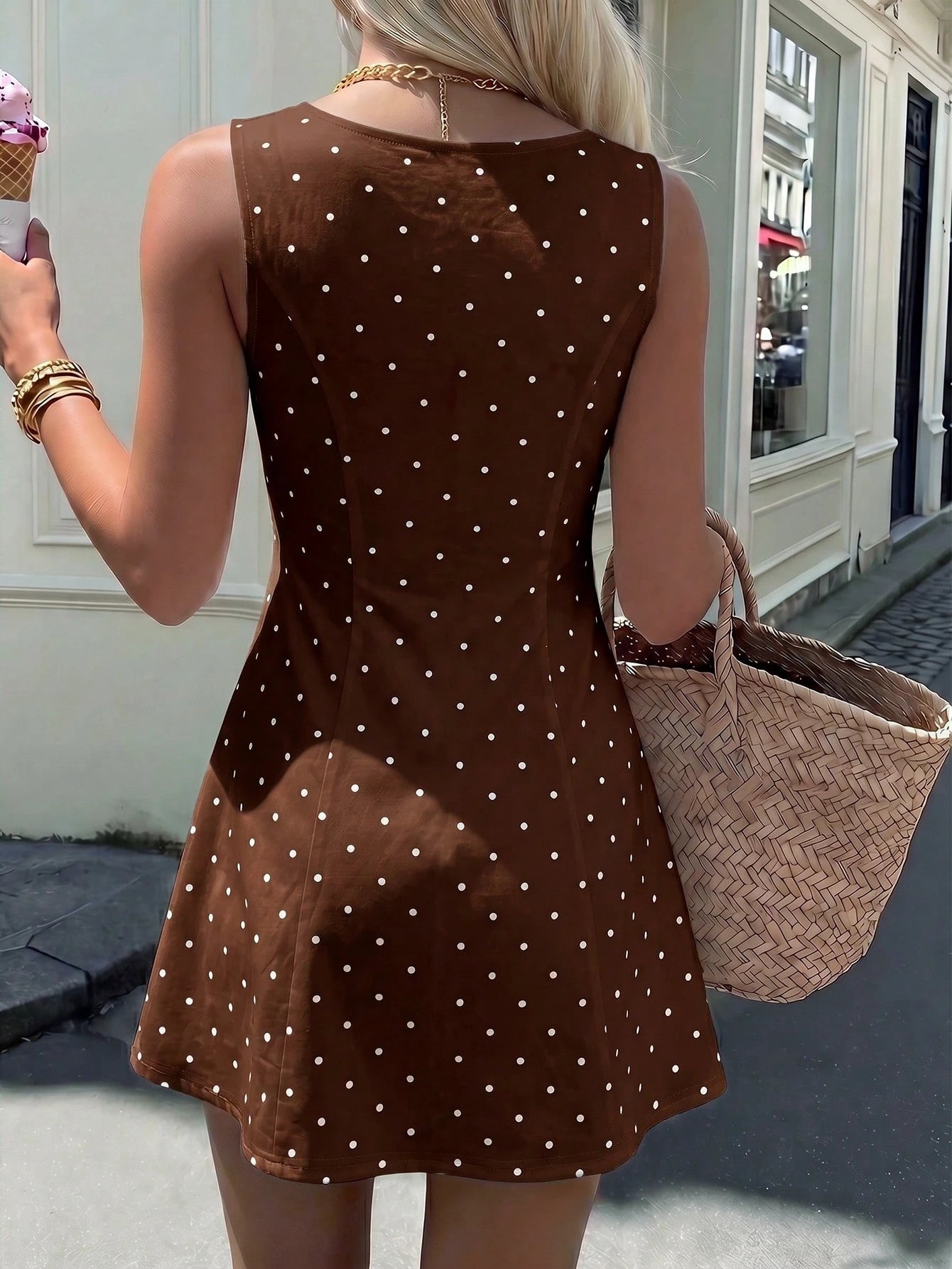 PariChic Elegant Exquisite Old Money Style Polka Dot Pearl Button Decor Women's Dress Office Tea Party Commute Outfit White With Black Polka Dots