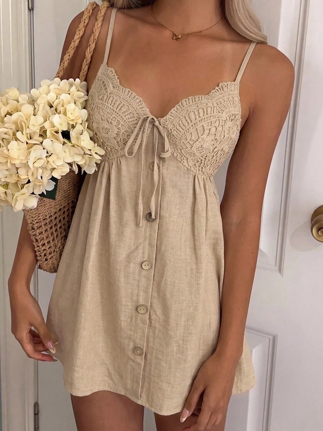 PariChic Women's Lace Patchwork Spaghetti Strap Khaki Summer Boho Holiday Vacation Holiday Beach Dress,Casual A-Line Bowknot Tie Waist Short Outfit,Daily Date