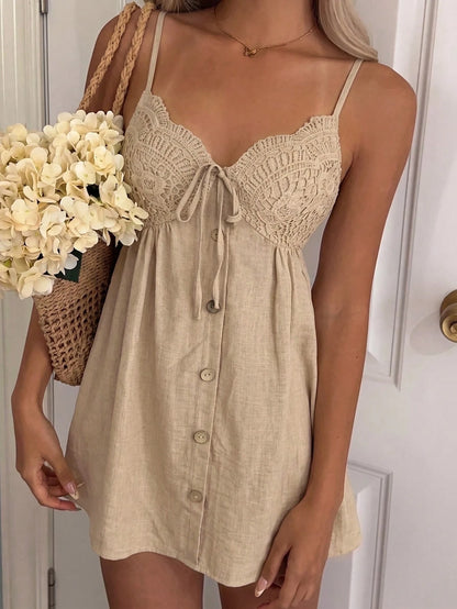 PariChic Women's Lace Patchwork Spaghetti Strap Khaki Summer Boho Holiday Vacation Holiday Beach Dress,Casual A-Line Bowknot Tie Waist Short Outfit,Daily Date