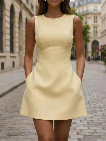 PariChic Women's New Spring/Summer Pale Yellow Waist-Defining Sleeveless Casual Vacation Holiday Daily Elegant Party Short Dress