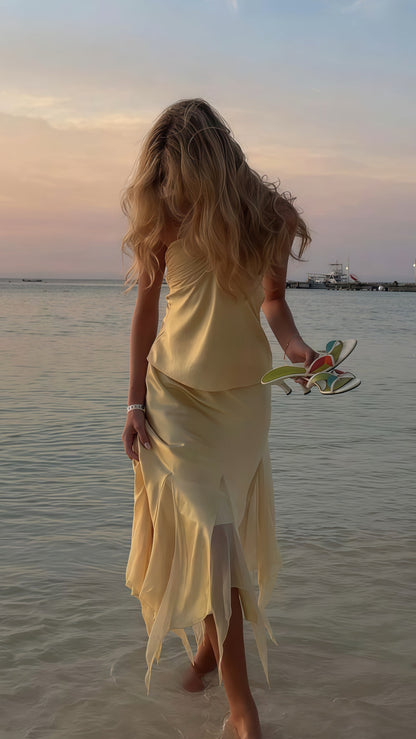 Pastel Yellow Halter Party Dresses Two Pieces Ruffle Homecoming Dress,AST1837