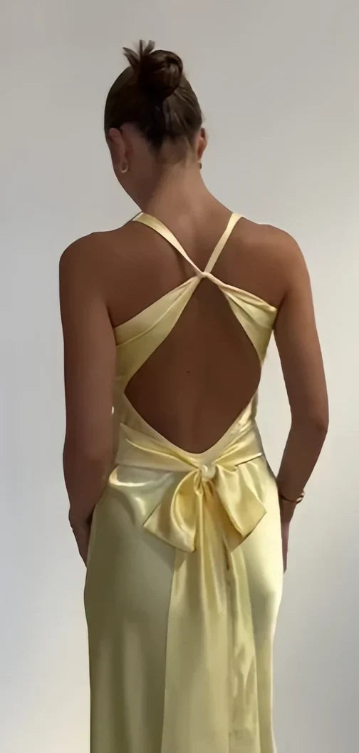 Pastel Yellow V-Neck Mermaid Prom Dress - Long Evening Party Gown