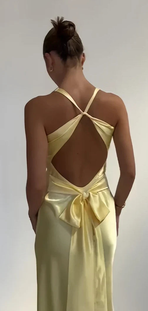 Pastel Yellow V-Neck Mermaid Prom Dress - Long Evening Party Gown