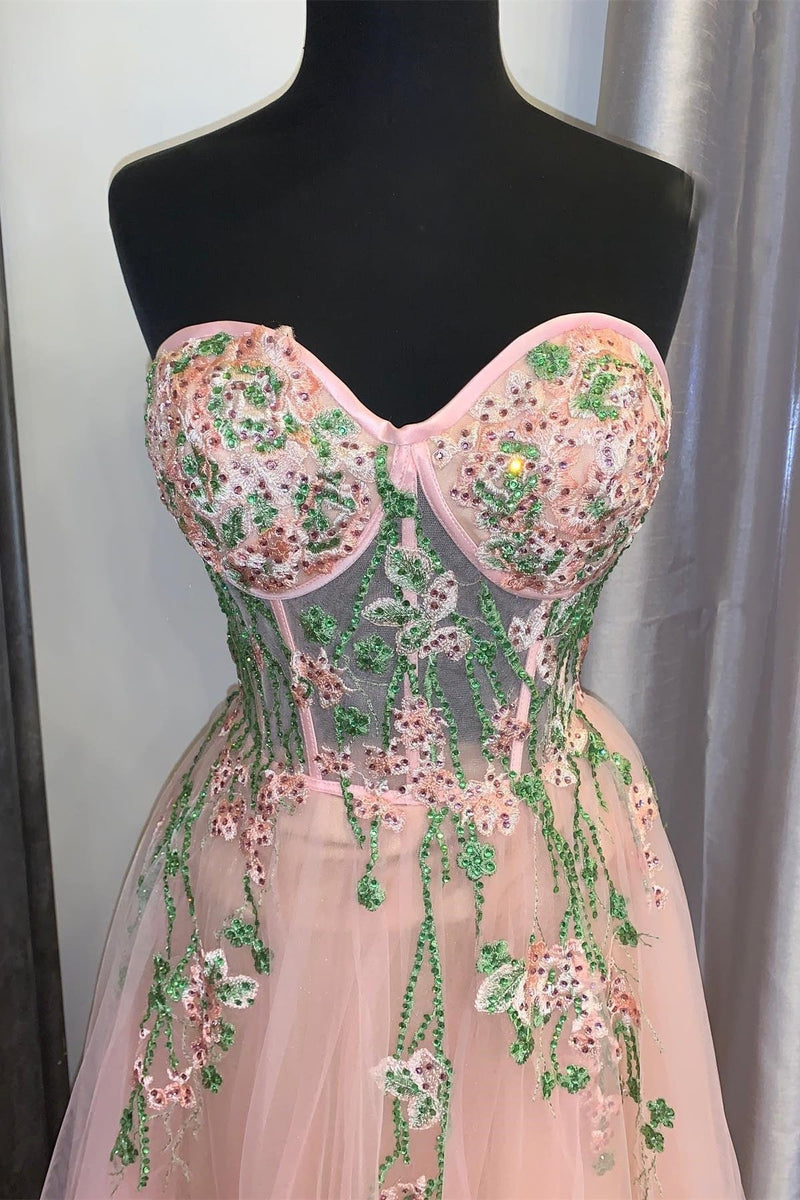 Peach Tulle Sweetheart Floral Embroidery Long Prom Dress