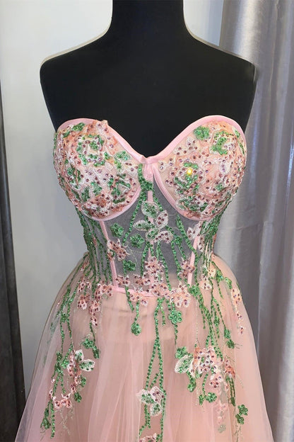 Peach Tulle Sweetheart Floral Embroidery Long Prom Dress