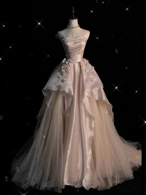 Pearl Pink Strapless A-Line Tulle Long Party Gown with Pearls,AST2308