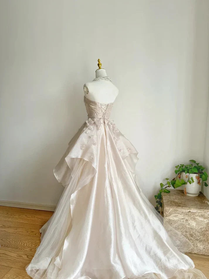 Pearl Pink Strapless A-Line Tulle Long Party Gown with Pearls,AST2308