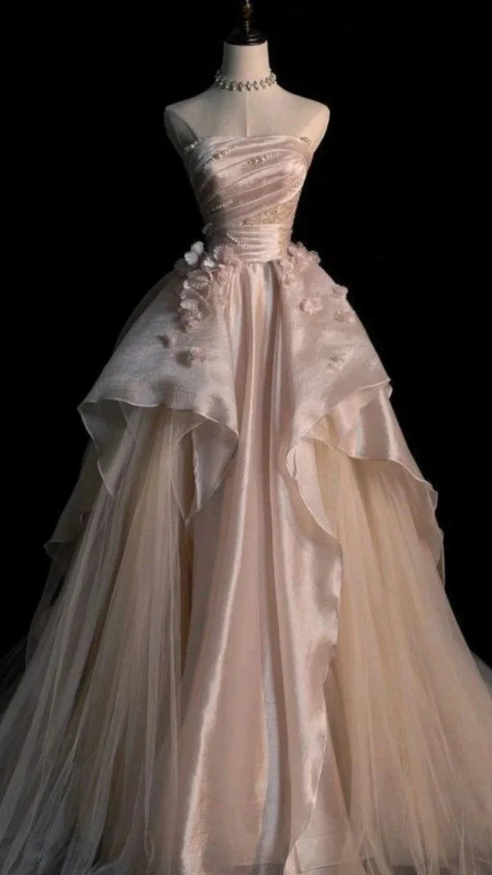 Pearl Pink Strapless A-Line Tulle Long Party Gown with Pearls,AST2308