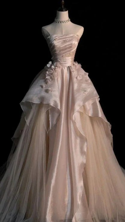 Pearl Pink Strapless A-Line Tulle Long Party Gown with Pearls,AST2308