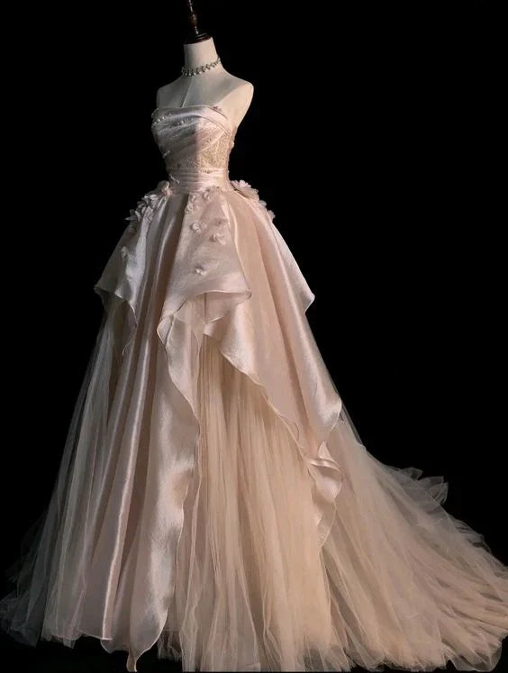Pearl Pink Strapless A-Line Tulle Long Party Gown with Pearls,AST2308