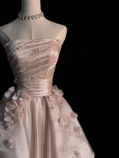 Pearl Pink Strapless A-Line Tulle Long Party Gown with Pearls,AST2308