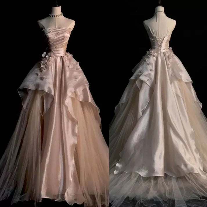 Pearl Pink Strapless A-Line Tulle Long Party Gown with Pearls,AST2308