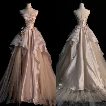 Pearl Pink Strapless A-Line Tulle Long Party Gown with Pearls,AST2308