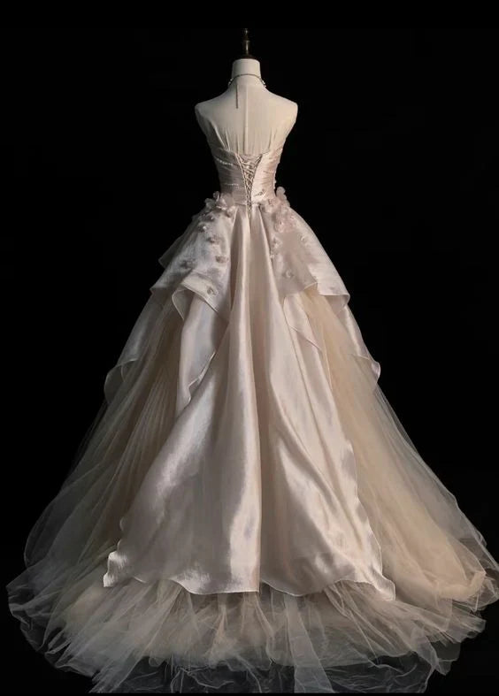 Pearl Pink Strapless A-Line Tulle Long Party Gown with Pearls,AST2308