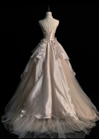 Pearl Pink Strapless A-Line Tulle Long Party Gown with Pearls,AST2308