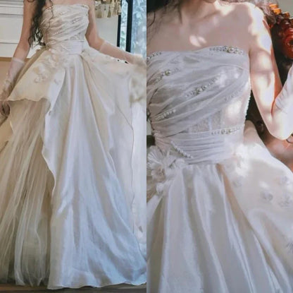 Pearl Pink Strapless A-Line Tulle Long Party Gown with Pearls,AST2308