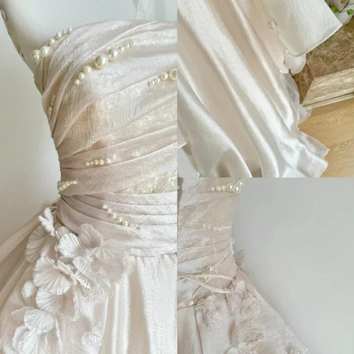 Pearl Pink Strapless A-Line Tulle Long Party Gown with Pearls,AST2308
