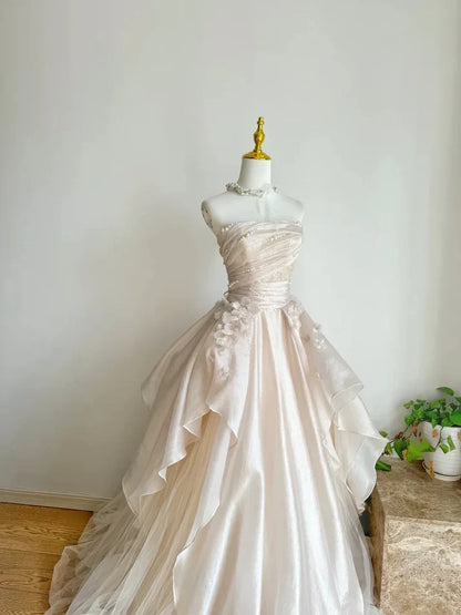 Pearl Pink Strapless A-Line Tulle Long Party Gown with Pearls,AST2308