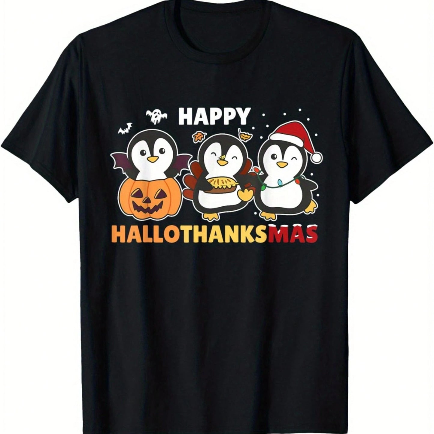Penguin Christmas And Halloween Costume, Happy Halloween And Thanksgiving T-Shirt,Retro Print, Suitable For Everyday Outdoor Activities.