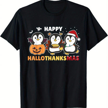 Penguin Christmas And Halloween Costume, Happy Halloween And Thanksgiving T-Shirt,Retro Print, Suitable For Everyday Outdoor Activities.