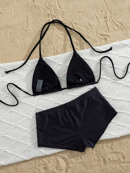 PEPPERMOLLY Fashionable Floral Swimwear: Black Backless Bikini Top + High-Waisted Shorts, Decorated With Vibrant Lily Flower Pattern- Stylish And Comfortable Swimwear Set, Suitable For Summer Vacatio