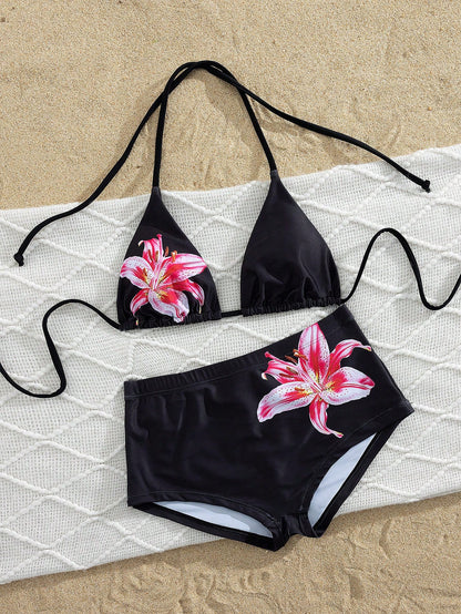 PEPPERMOLLY Fashionable Floral Swimwear: Black Backless Bikini Top + High-Waisted Shorts, Decorated With Vibrant Lily Flower Pattern- Stylish And Comfortable Swimwear Set, Suitable For Summer Vacatio