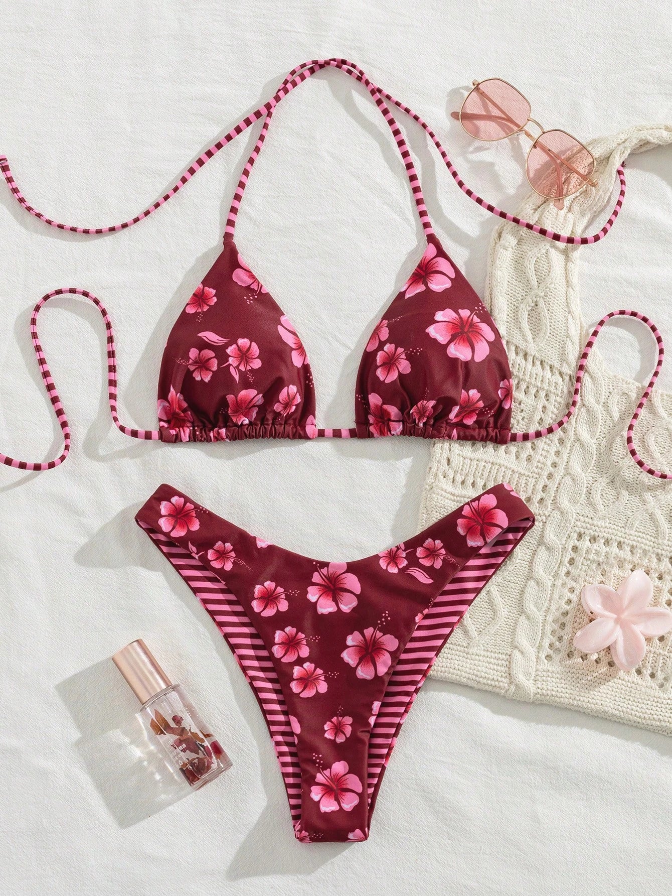PEPPERMOLLY New Soft Printed Halter Tie Bikini Set, Elegant Sexy Women Beach Swimwear, Summer Beach Fashion Swimwear Vacation, Aesthetic