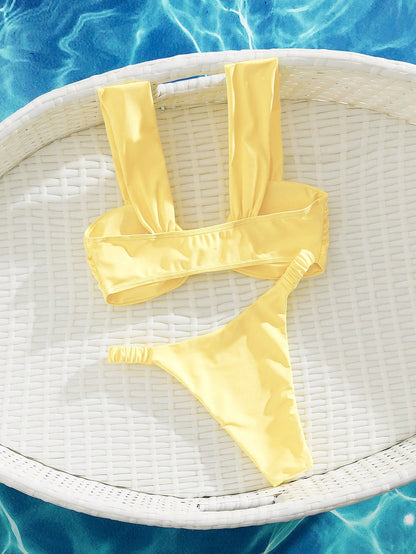 PEPPERMOLLY New Solid Color Soft Padded Thick Strap Ruched Sexy Bikini Set, Women Summer Beach Fashion Swimwear Vacation
