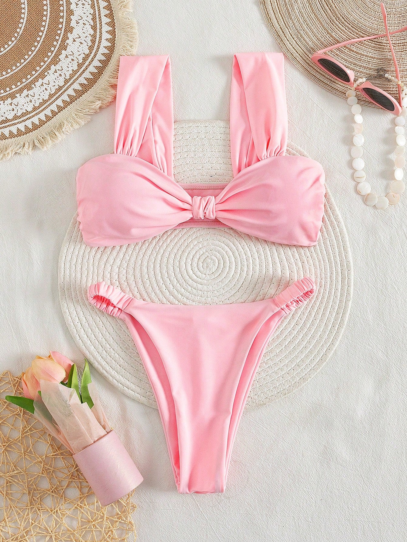 PEPPERMOLLY New Solid Color Soft Padded Thick Strap Ruched Sexy Bikini Set, Women Summer Beach Fashion Swimwear Vacation