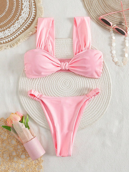 PEPPERMOLLY New Solid Color Soft Padded Thick Strap Ruched Sexy Bikini Set, Women Summer Beach Fashion Swimwear Vacation