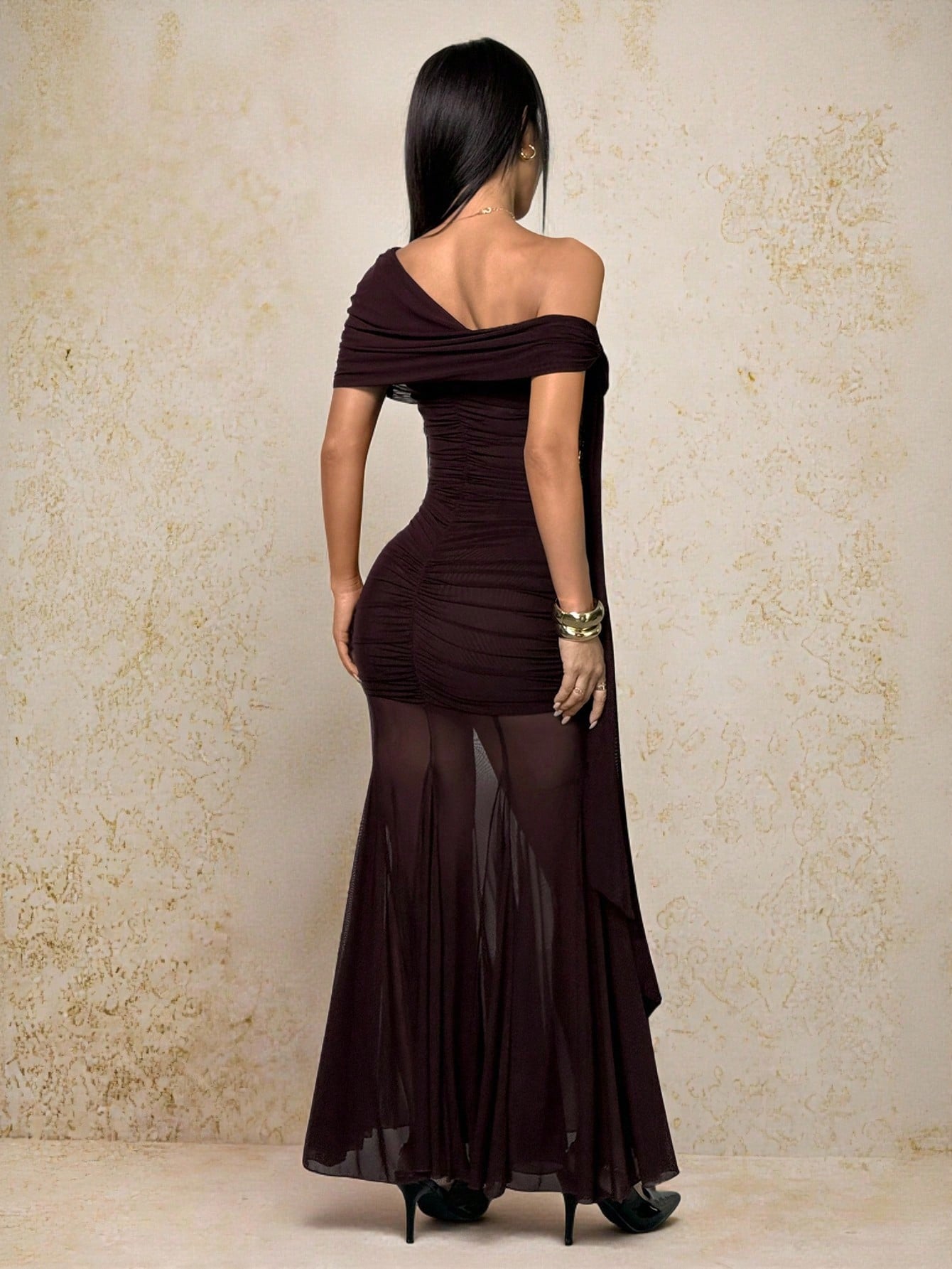 PETITE Burgundy Slant Shoulder Ruched Bodycon Maxi Mesh Dress,Elegant Autumn Party Night Dresses For Women,Maroon Gathered Umbrella Hem Graduation Wedding,Petite Women