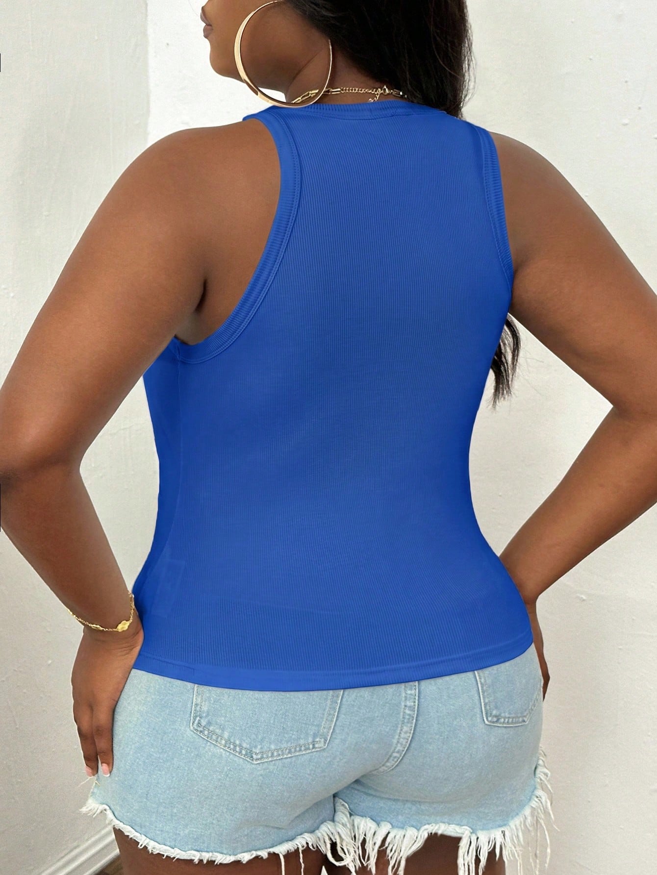 PETITE CURVE Plus Size Casual Basic Fitted Royal Blue Round Neck Off-Shoulder Tank Top Formal Holiday Summer