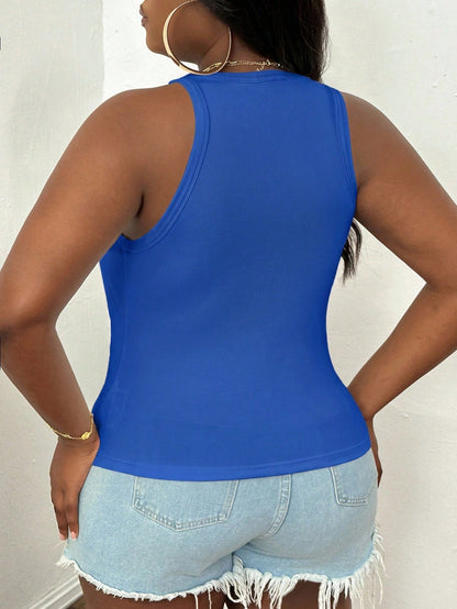 PETITE CURVE Plus Size Casual Basic Fitted Royal Blue Round Neck Off-Shoulder Tank Top Formal Holiday Summer