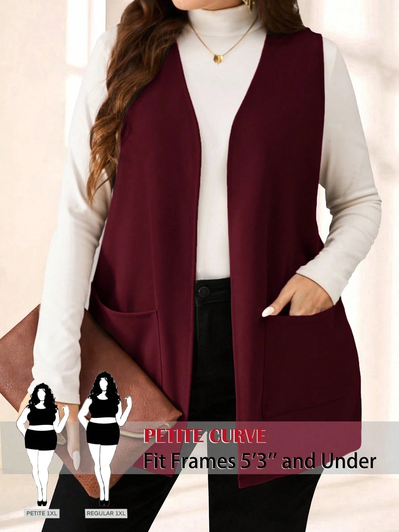PETITE CURVE Plus Size Solid Color Sleeveless Loose Pocket Simple Casual Coat,Spring/Summer,Vacation In Fall/Winter